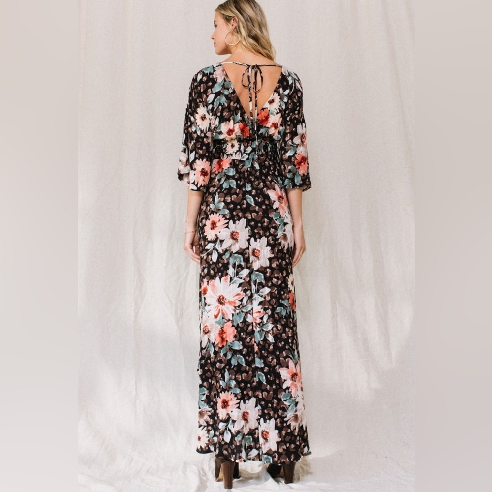 Leopard floral print maxi wrap dress with 3/4 sleeves and a center back tie.